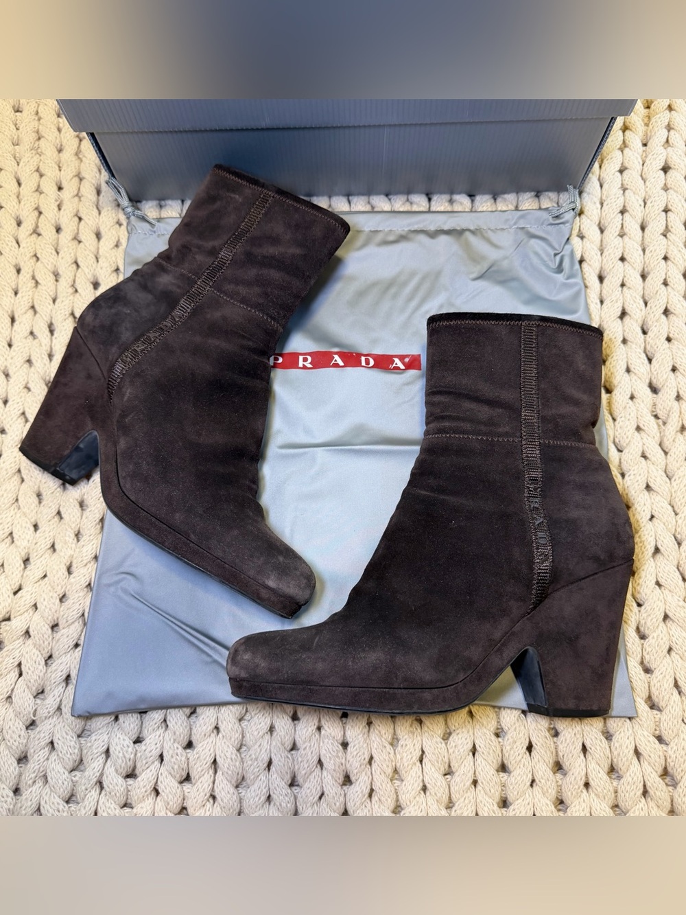 PRADA Vintage Dark Brown Suede Ankle Boots Embroidered Logo Size EU 38